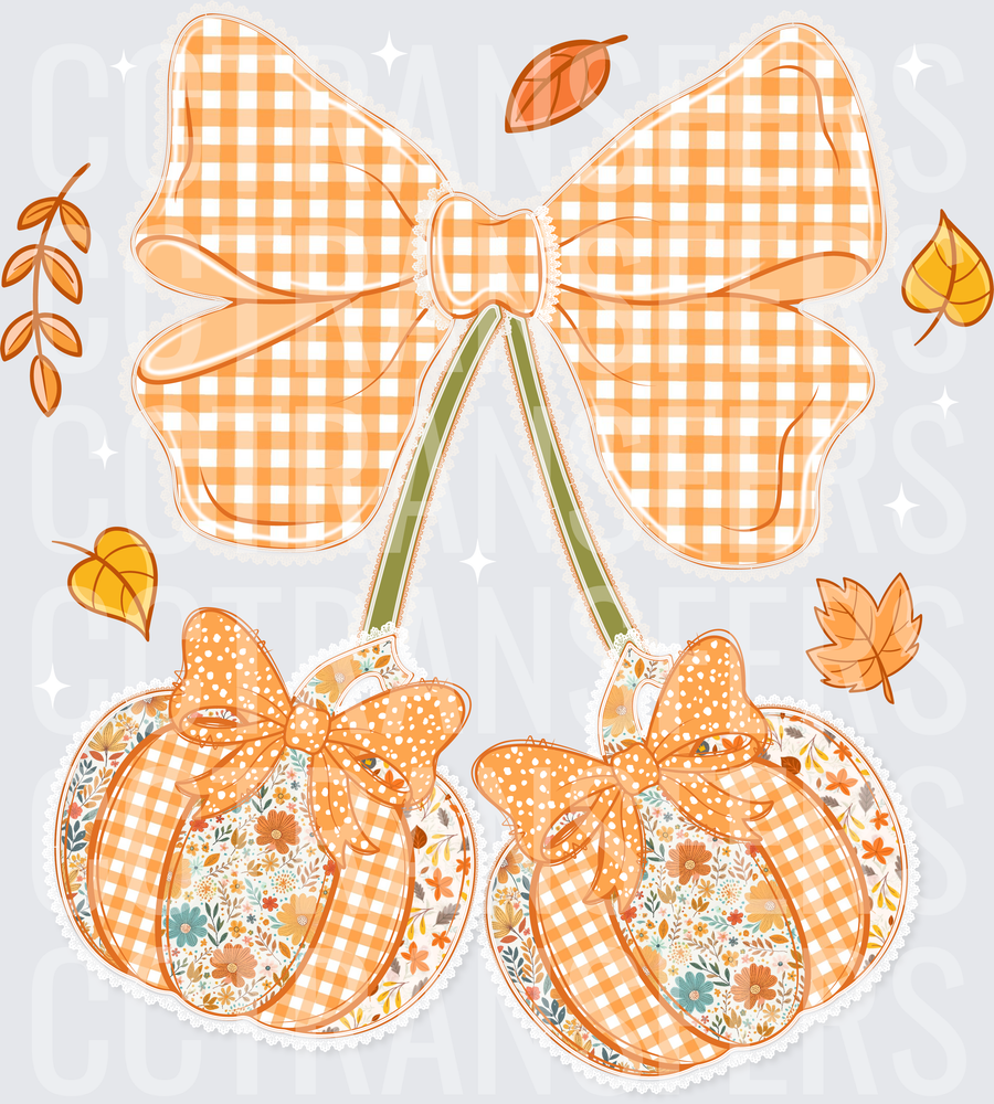 Gingham Bow Pumpkin Duo with Fall Leaves (DTF)