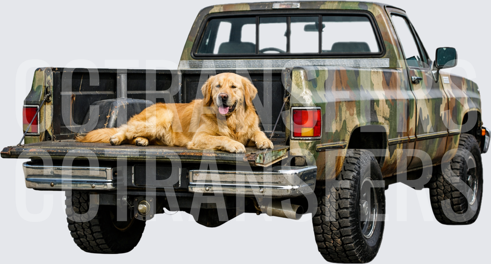 Golden Retriever Relaxing in Camo Truck Bed (DTF)