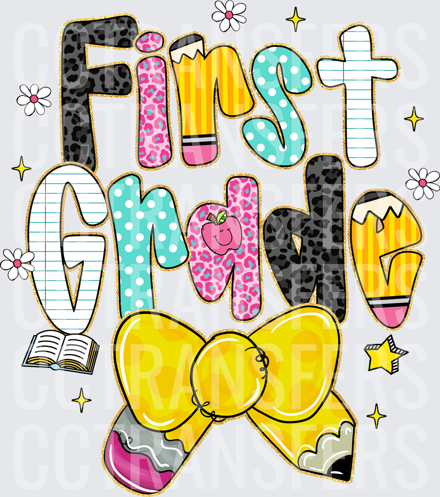 First Grade Doodle Letters Yellow Bow School (DTF)