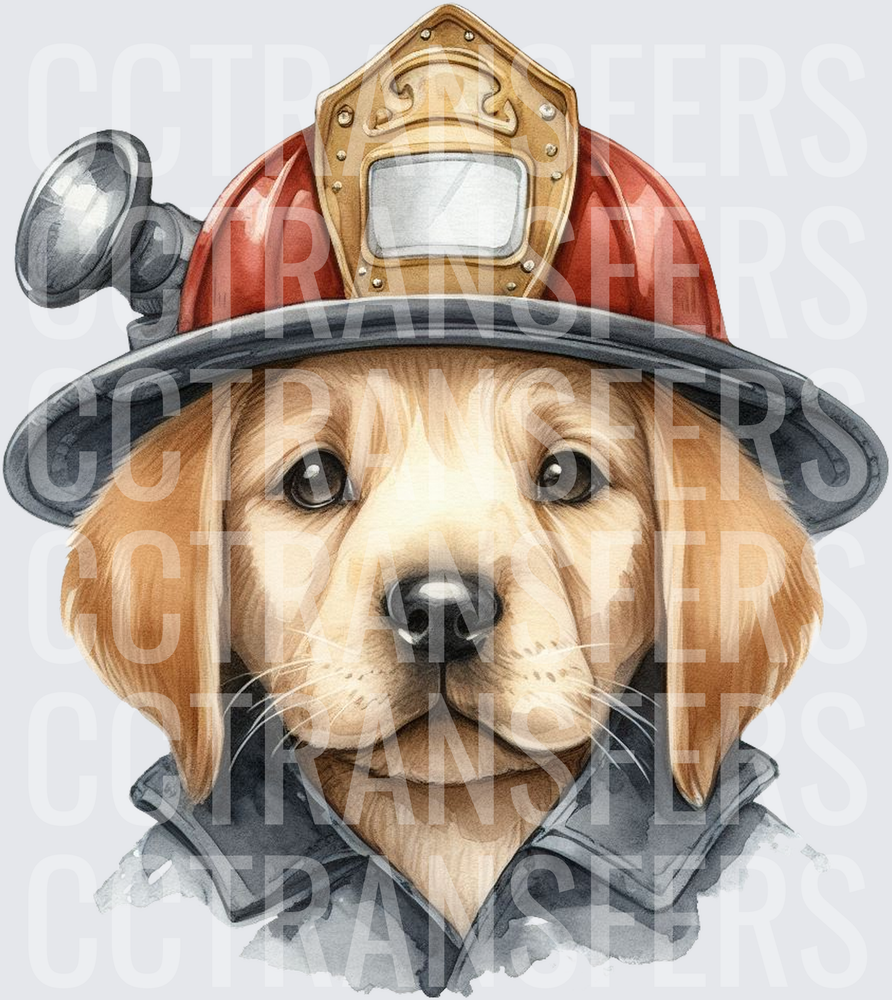 Watercolor Golden Lab Puppy Firefighter Portrait (DTF)