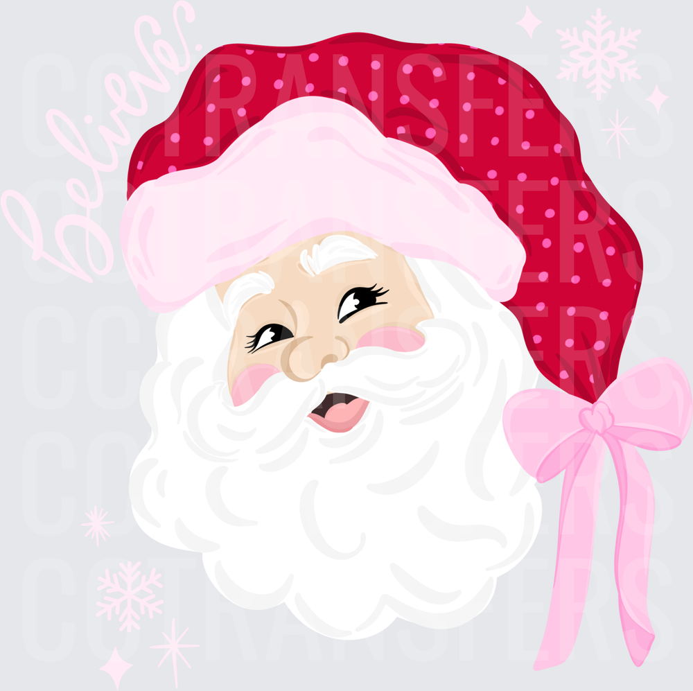 Believe Santa Face Pink Bow Polka Dot Hat Snowflakes (DTF)