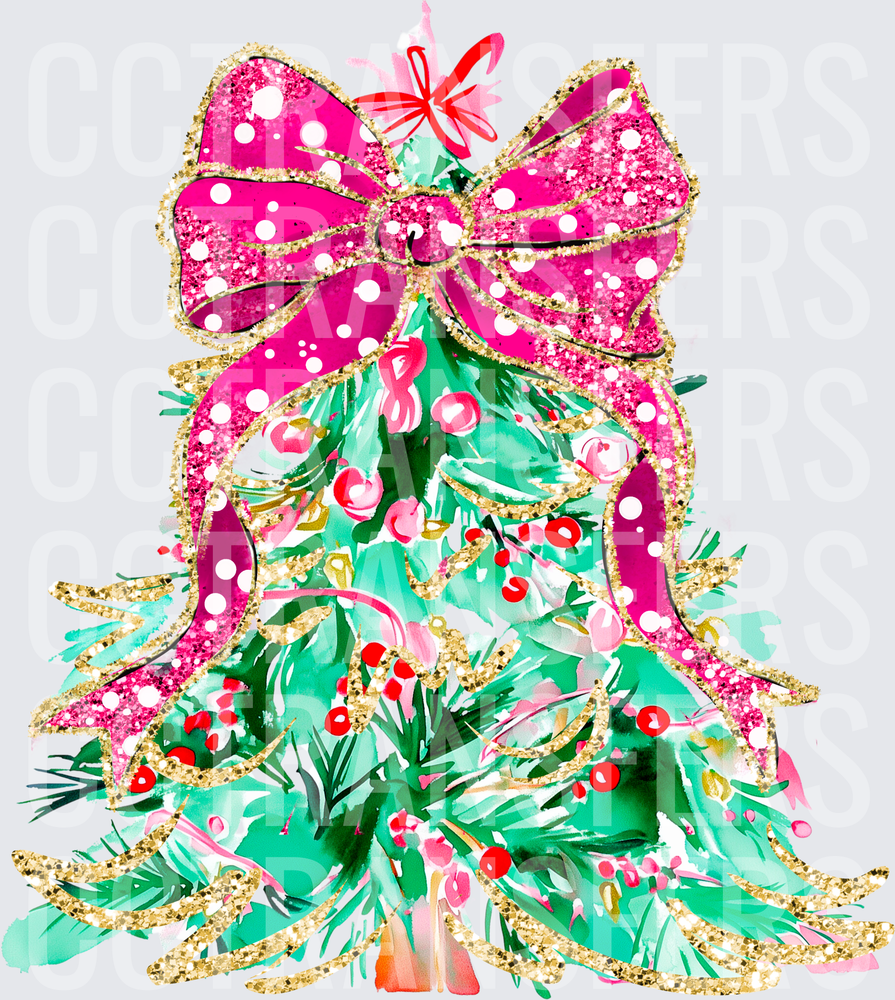 Glam Watercolor Christmas Tree Pink Bow Gold Glitter (DTF)