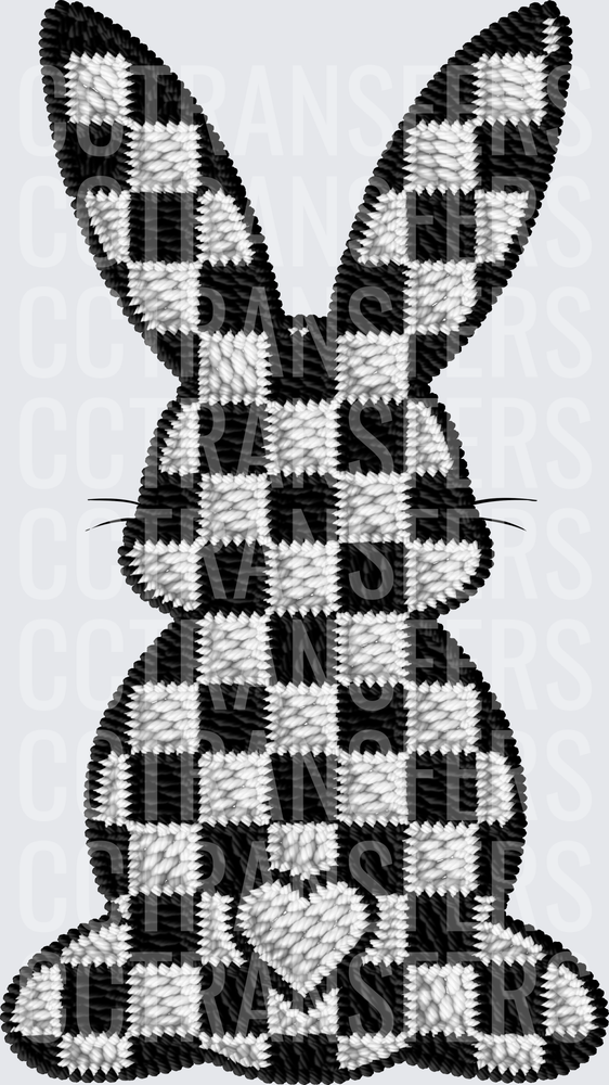 Black White Checkered Bunny with Heart Embroidery Style (DTF)