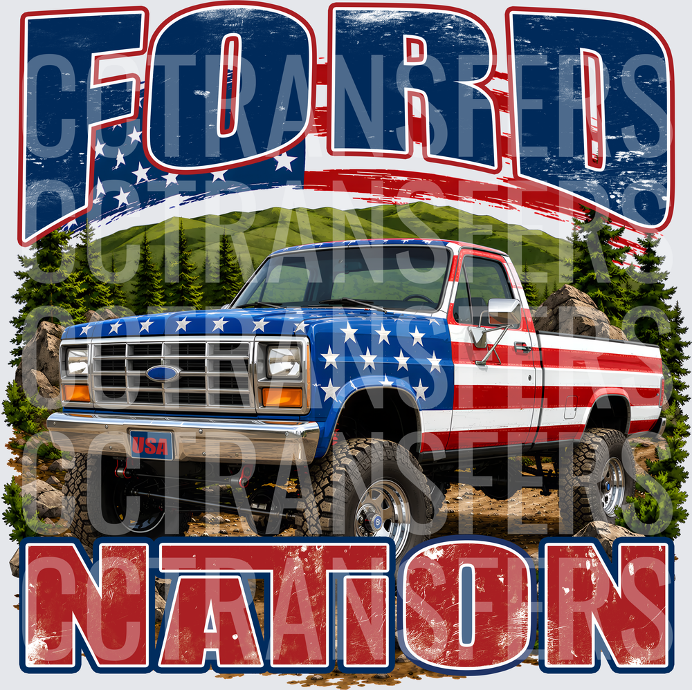 Ford Nation American Flag Lifted Truck Mountains (DTF)
