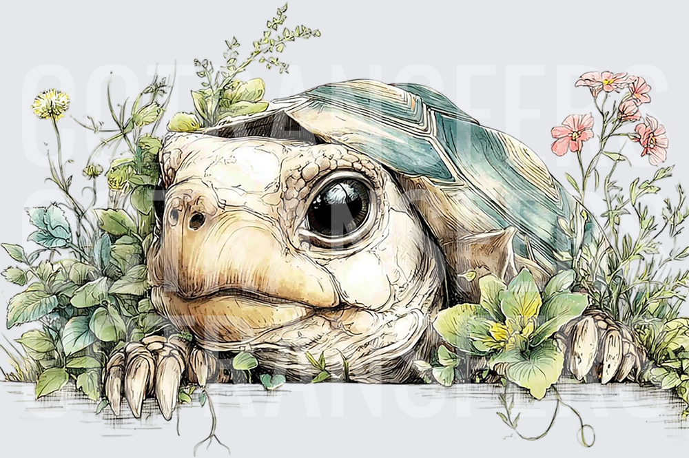 Curious Turtle Peeking Through Wildflowers (DTF)