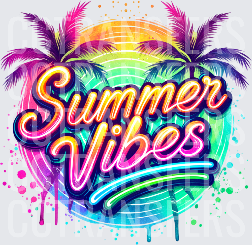 Summer Vibes Neon Graffiti Palm Tree Sunset (DTF)
