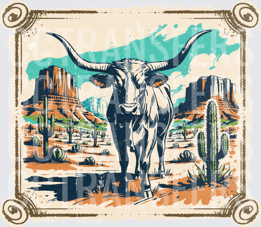 Vintage Western Longhorn Bull Desert Mesa Scroll Frame (DTF)