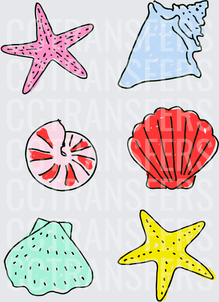 Colorful Beach Seashells and Starfish Set (DTF)