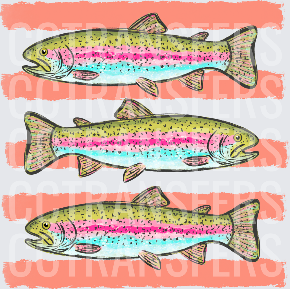 Three Rainbow Trout Illustrated Coral Stripe Pattern (DTF)