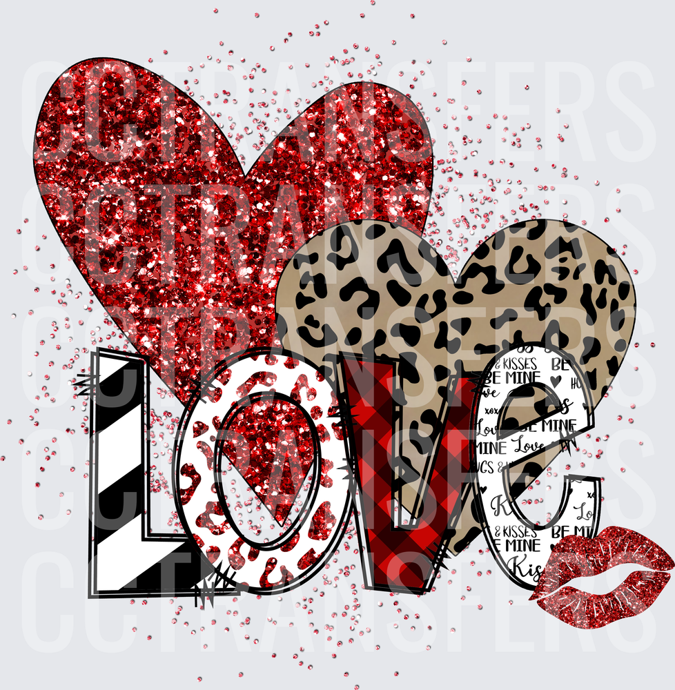 Valentine LOVE Glitter Hearts Leopard Buffalo Plaid Lips (DTF)