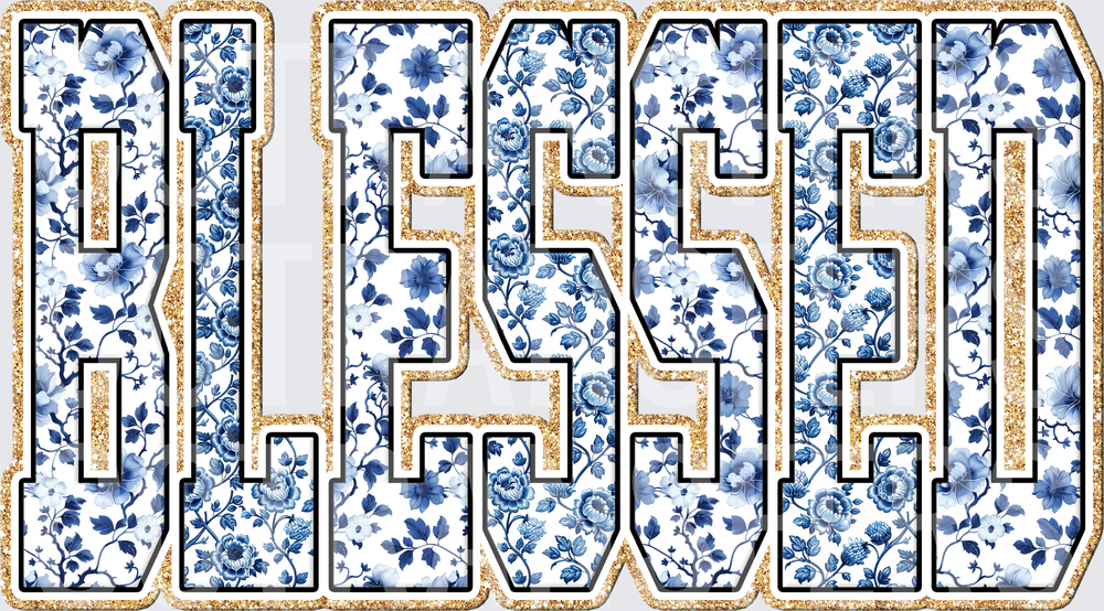 Blessed Blue Floral Gold Glitter Bold Varsity Letters (DTF)