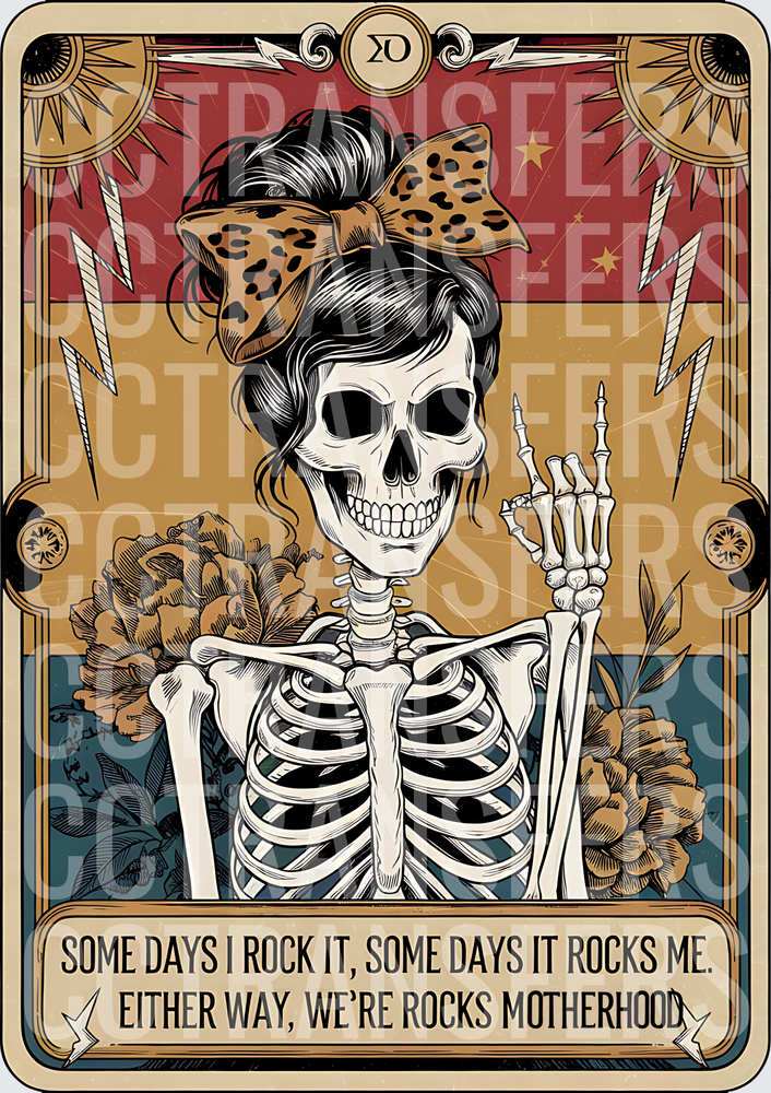 Skeleton Mom Messy Bun Rocks Motherhood Tarot Card (DTF)