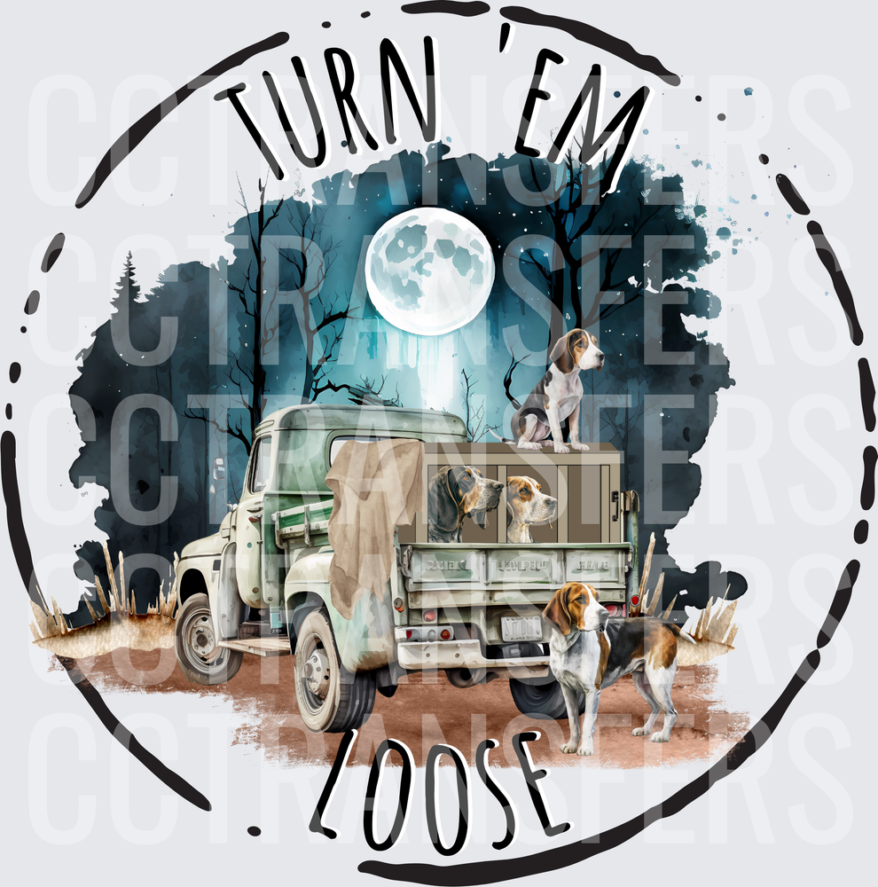 Turn Em Loose Hound Dogs Old Truck Full Moon Night (DTF)