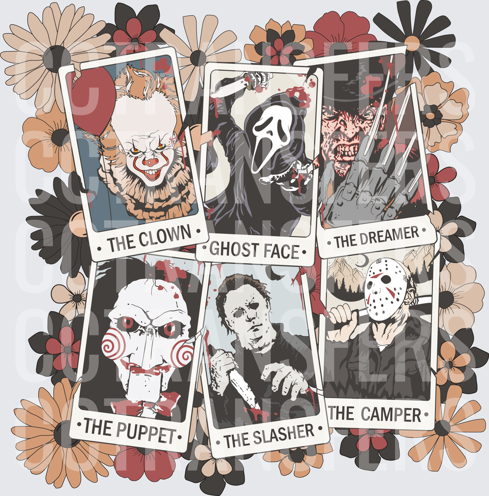 Six Horror Icons Tarot Card Collage with Floral Border (DTF)