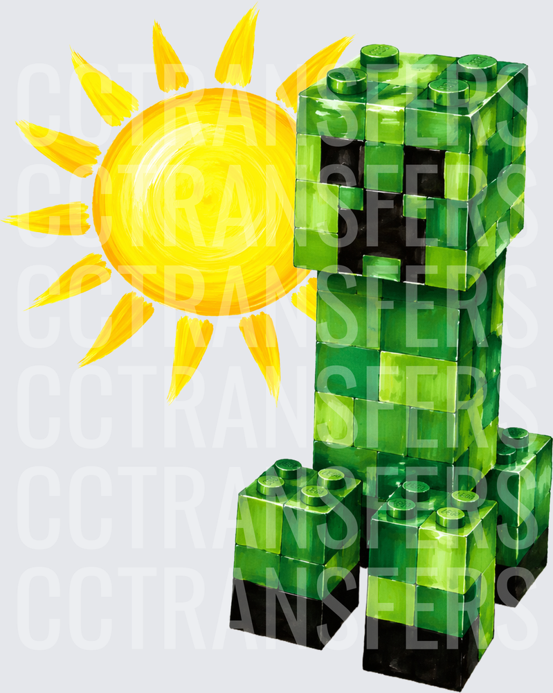 Green Pixel Block Monster With Painted Sun (DTF)