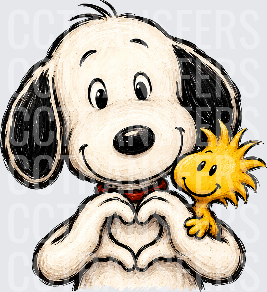 Cartoon Dog Heart Hands with Yellow Bird Pal (DTF)
