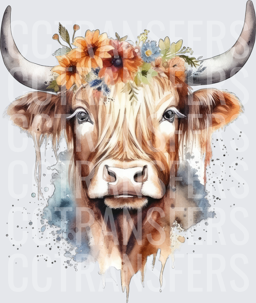 Watercolor Longhorn Cow with Wildflower Crown (DTF)