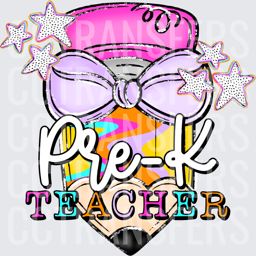Pre-K Teacher Colorful Pencil Bow Stars (DTF)