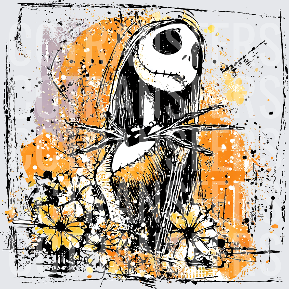 Skeletal Skull Figure Floral Orange Splatter Art (DTF)