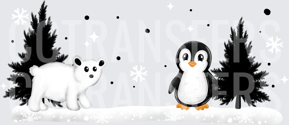 Cute Polar Bear Cub and Penguin Winter Snow Scene (DTF)