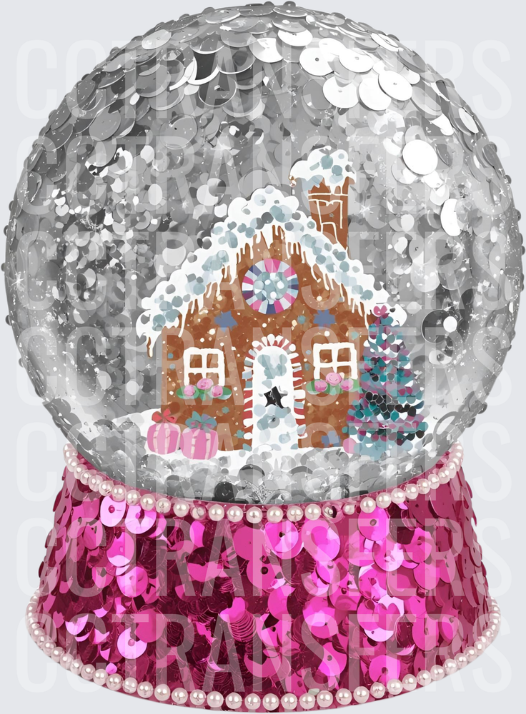 Glittery Snow Globe Gingerbread House Pink Sequin Base (DTF)