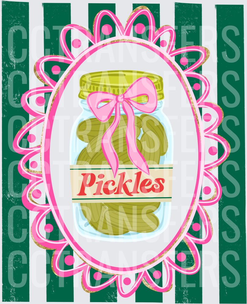 Pickles Mason Jar Pink Bow Floral Oval Frame Stripes (DTF)