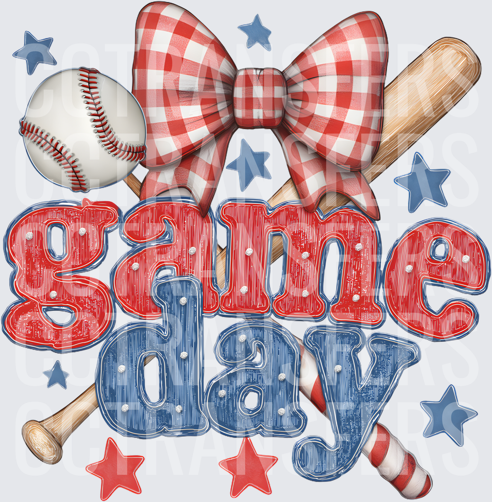 Game Day Baseball Bat Ball Red Gingham Bow Stars (DTF)