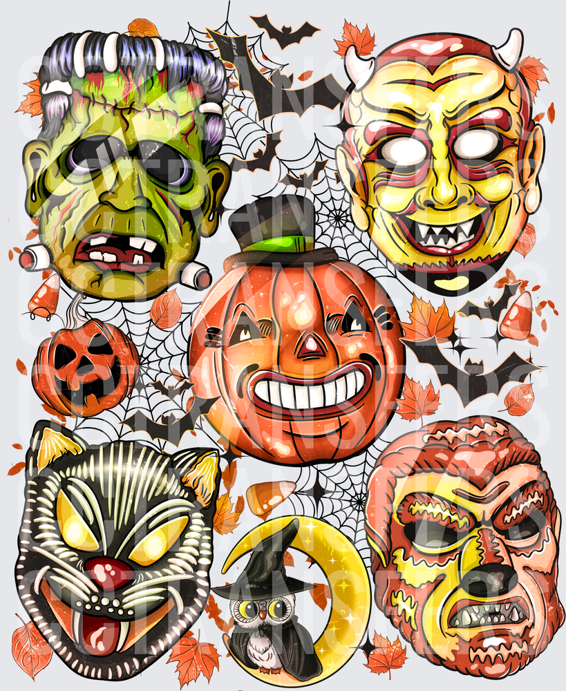 Retro Halloween Monster Masks Collage Frankenstein Devil (DTF)