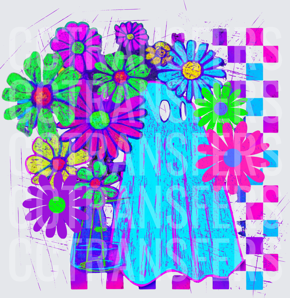 Neon Ghost With Colorful Flowers Checkered Background (DTF)