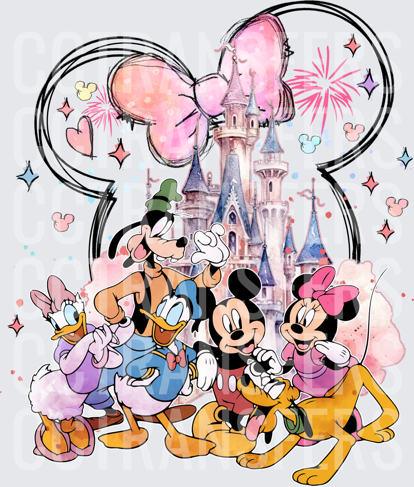 Cartoon Friends Castle Fireworks Watercolor Bow (DTF)