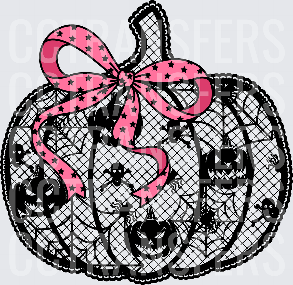Black Lace Halloween Pumpkin with Pink Star Bow (DTF)
