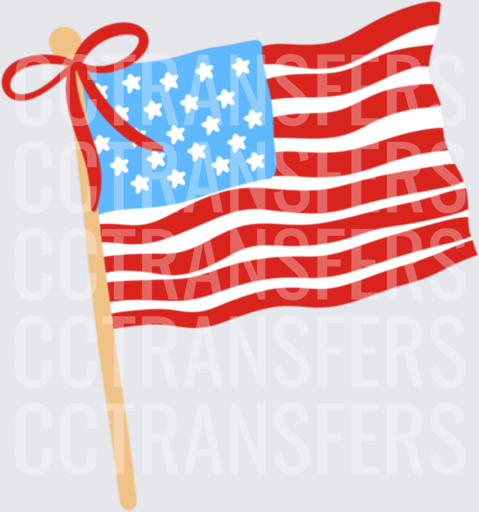 Cute Waving American Flag with Red Bow on Wooden Pole (DTF)