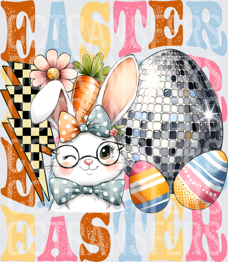 Easter Bunny With Glasses Disco Ball Eggs Retro Text (DTF)