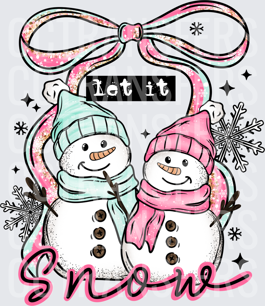 Let It Snow Snowman Couple Pink Mint Bow Winter (DTF)