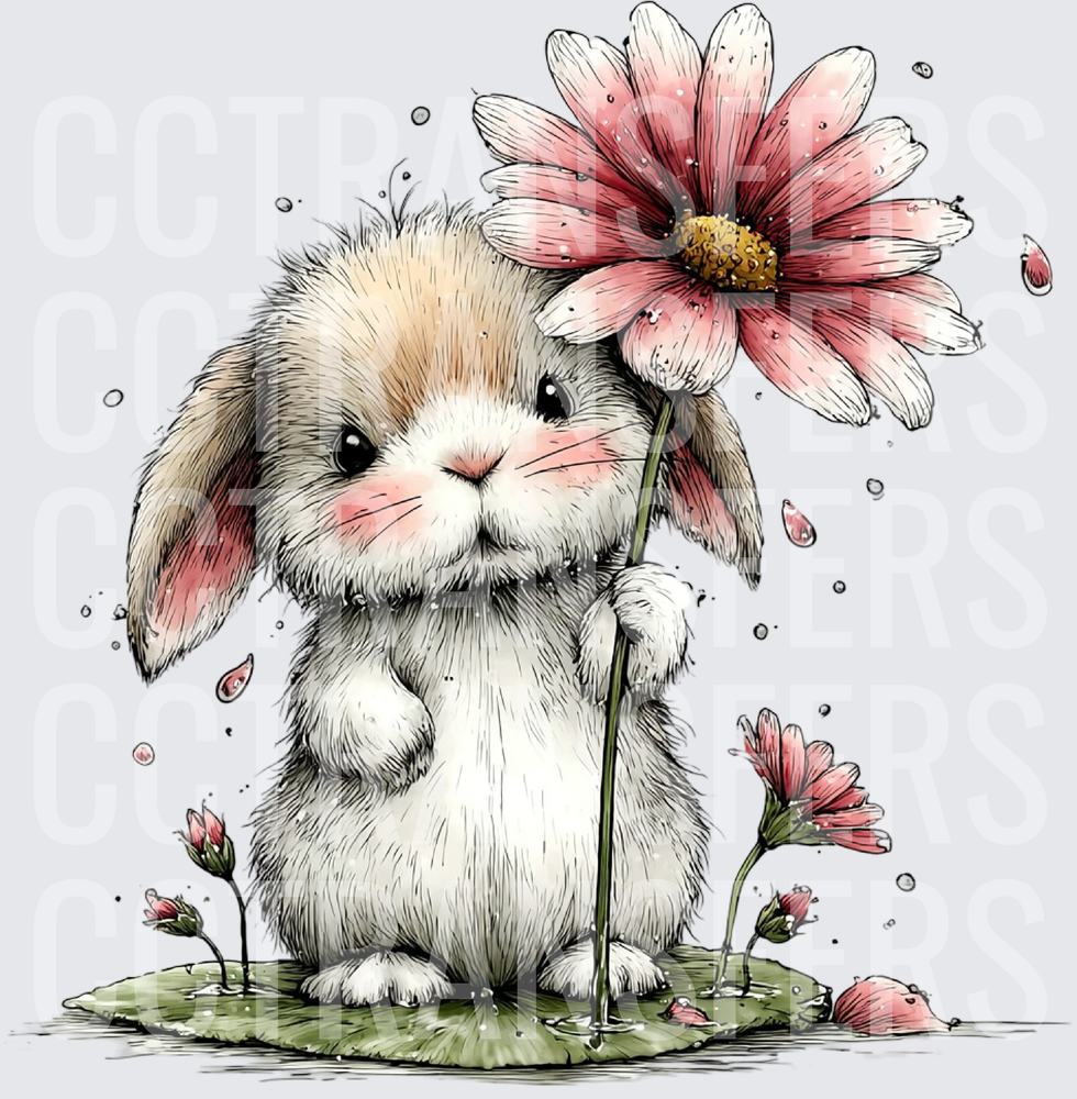 Fluffy Bunny Holding Pink Daisy Flower (DTF)