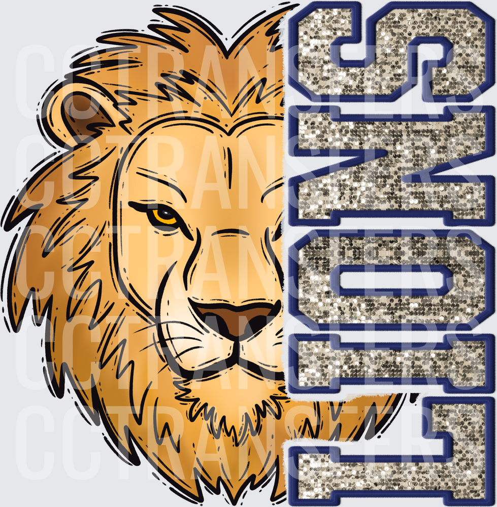 Lions Mascot Head Glitter Varsity Letter Design (DTF)