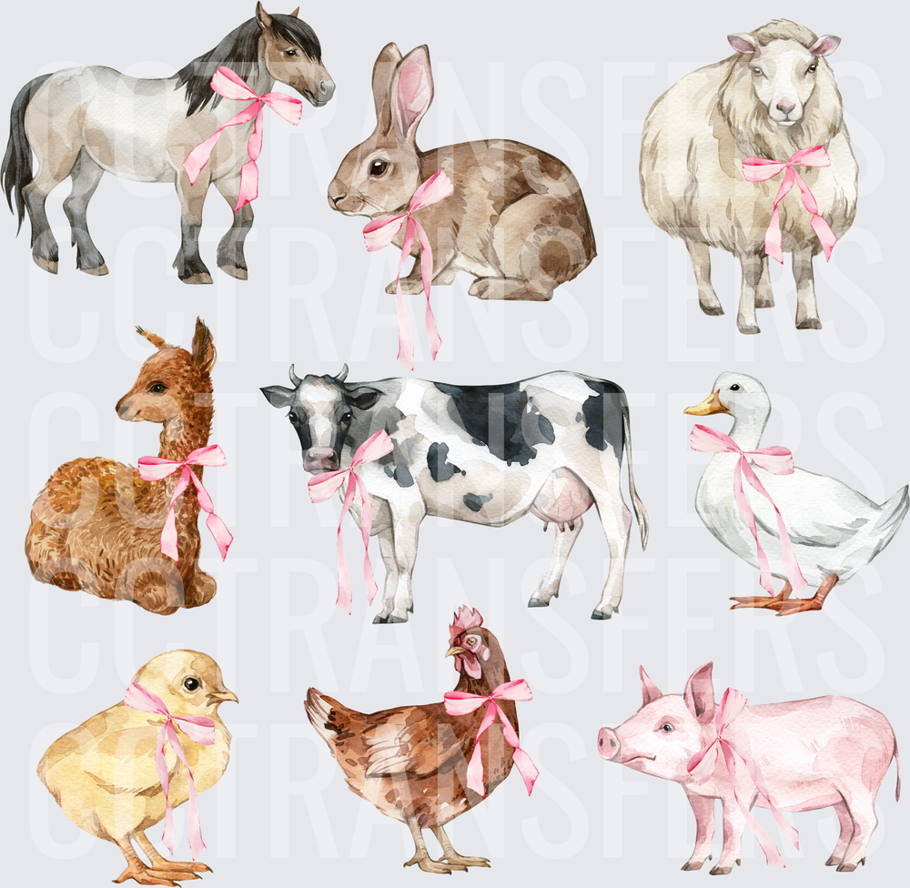 Watercolor Farm Animals with Pink Bows Collection (DTF)