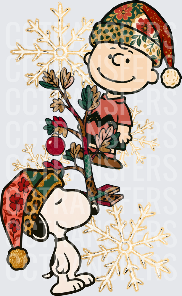 Cartoon Boy & Dog Christmas Hats Snowflakes Holiday (DTF)