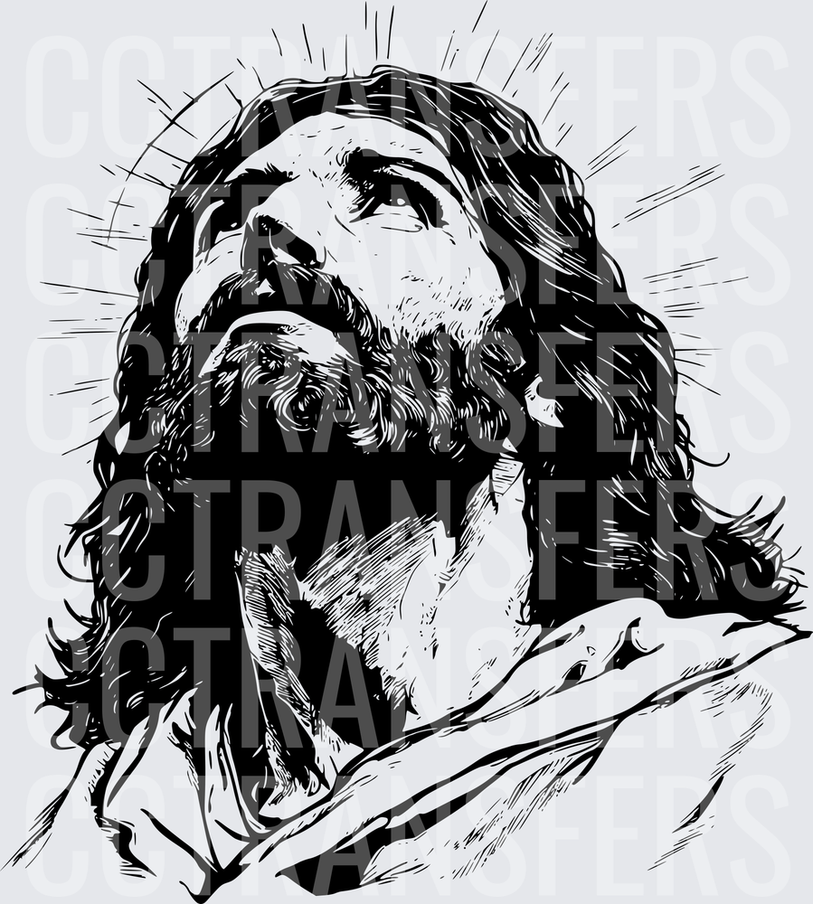 Black and White Bearded Figure Gazing Upward with Halo (DTF)