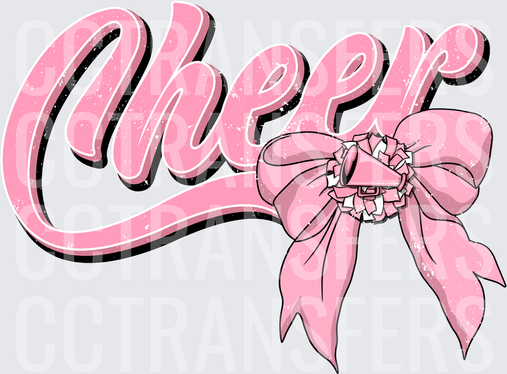 Pink Cheer Script Lettering with Ribbon Bow (DTF)