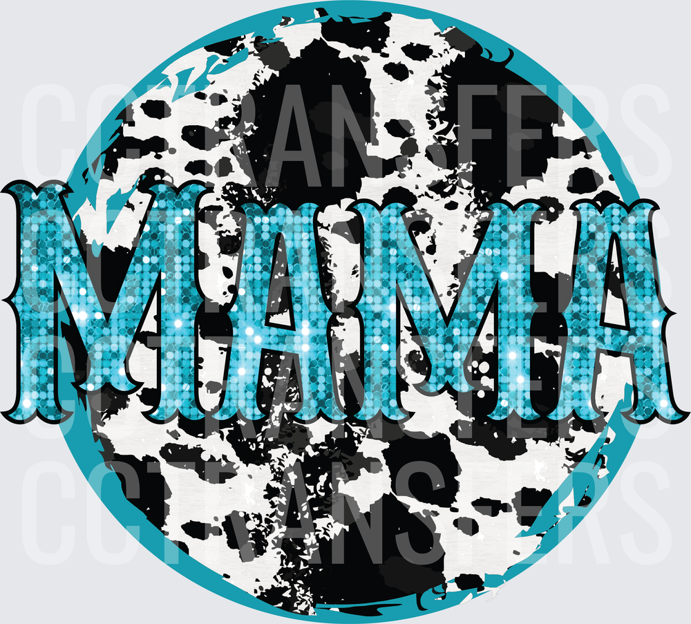 Mama Teal Glitter Sequin Cow Print Circle (DTF)