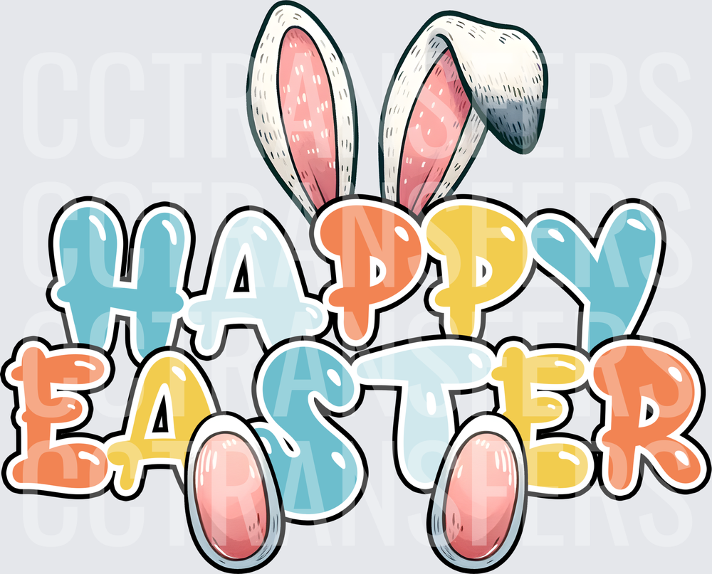 Happy Easter Bunny Ears Colorful Text with Pink Eggs (DTF)