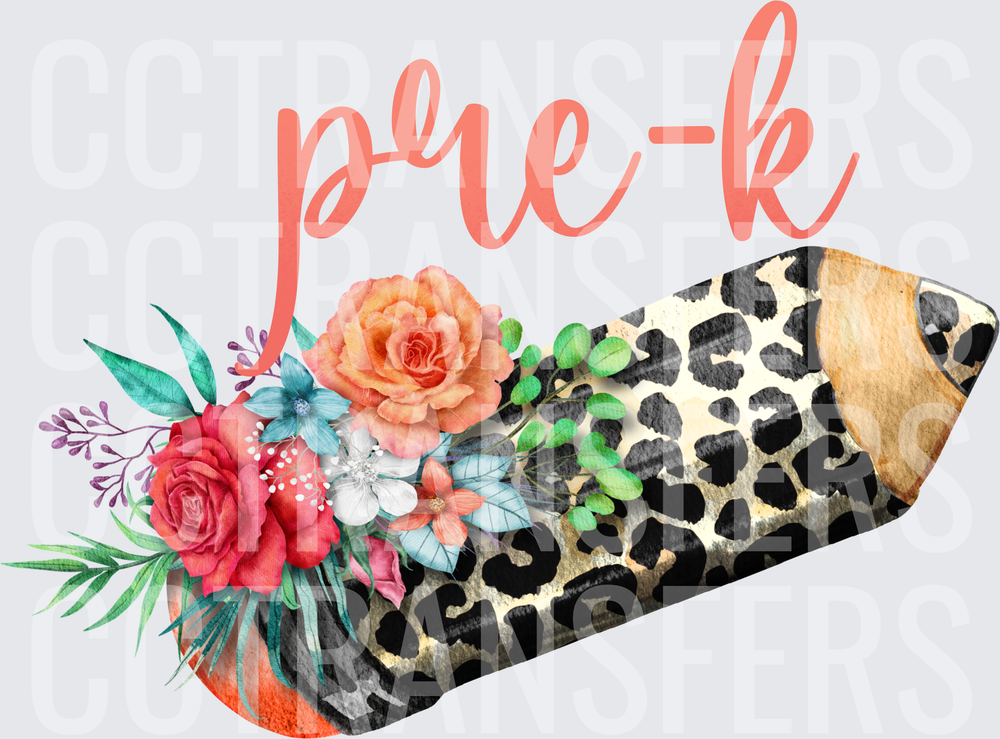 Pre-K Leopard Print Pencil Floral Bouquet (DTF)