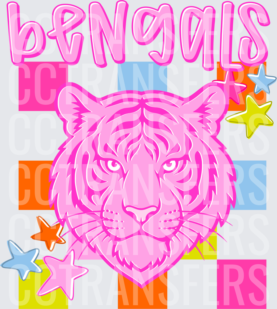 Bengals Pink Tiger Face Colorful Checkered Stars (DTF)