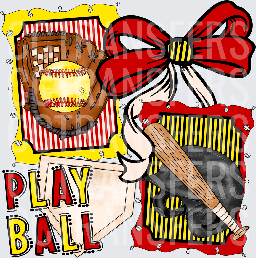 Play Ball Softball Glove Bat Helmet Red Bow (DTF)