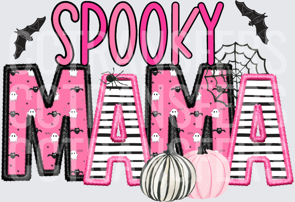 Spooky Mama Pink Halloween Embroidery Pumpkin Bats (DTF)