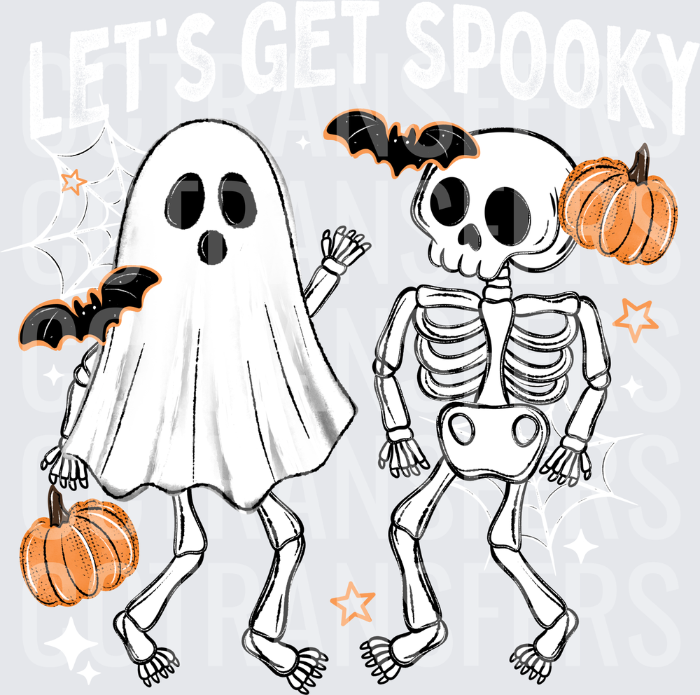 Dancing Ghost and Skeleton with Pumpkins and Bats (DTF)
