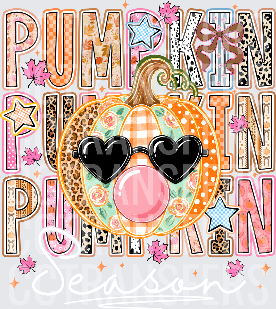 Pumpkin Stacked Word Art Bubblegum Heart Shades Fall (DTF)
