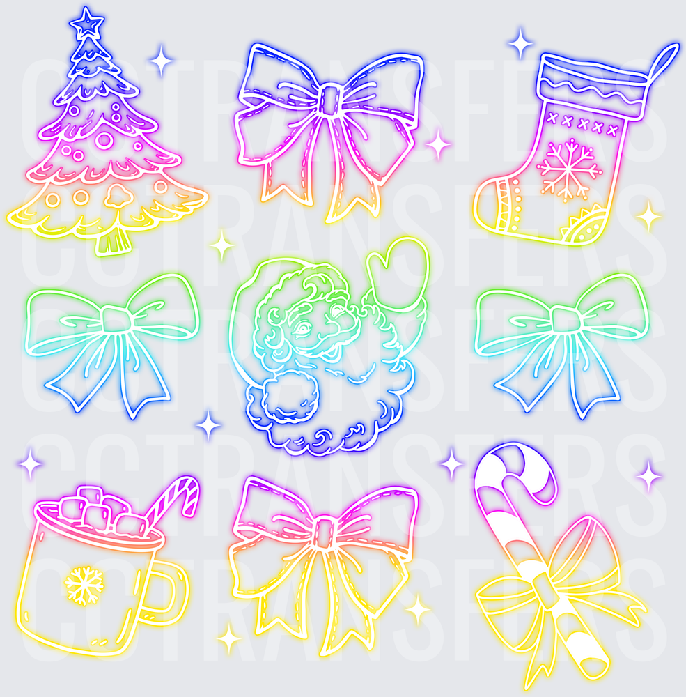 Rainbow Neon Christmas Icons Bows Santa Holiday Bundle (DTF)