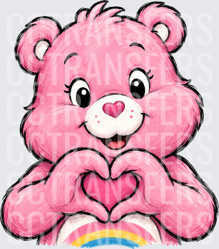 Pink Fluffy Bear Making Heart Hand Gesture with Rainbow (DTF)